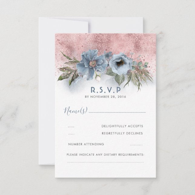 Dusty Blue e Rosa Dourado Glitter Boho Weding RSVP (Frente)