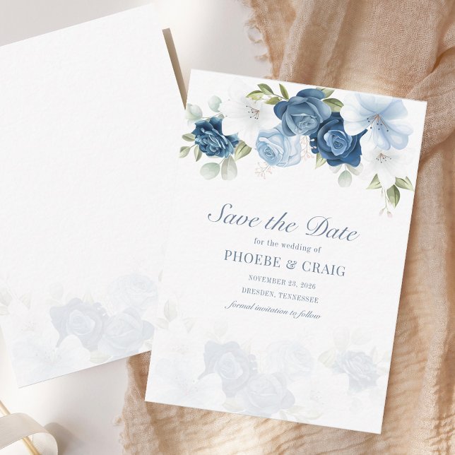 Dusty Blue Floral Bloom Salve o Anúncio de Data (Dusty Blue Floral Bloom Save the Date Announcement)