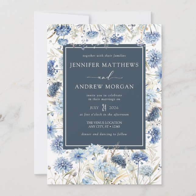Dusty Blue Floral | Convite Para Casamento De Flor (Frente)