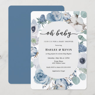 Dusty Blue Floral = Convite para Chá de fraldas