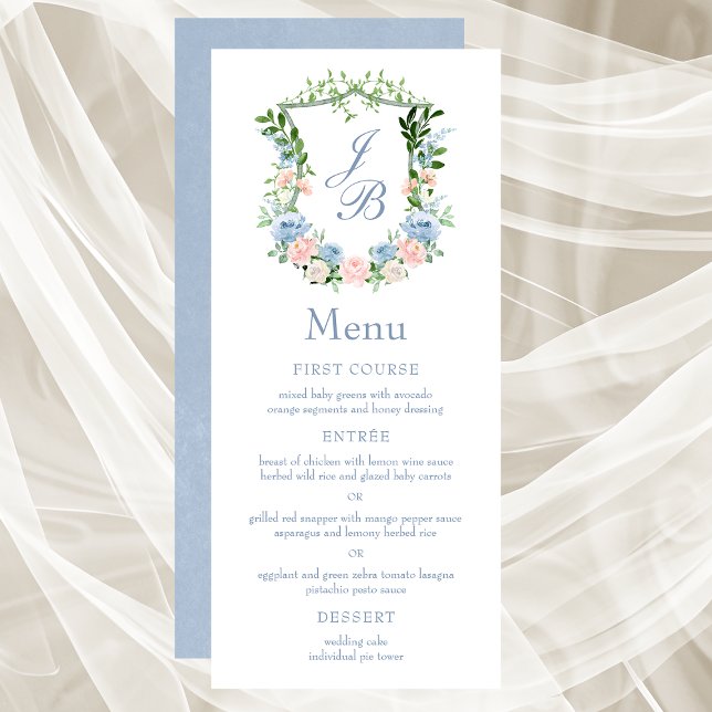Dusty Blue Floral Crest Menu de Casamento (Criador carregado)
