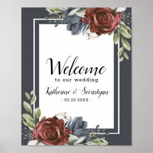 Dusty Blue Floral Dark Poster de Boas-vindas