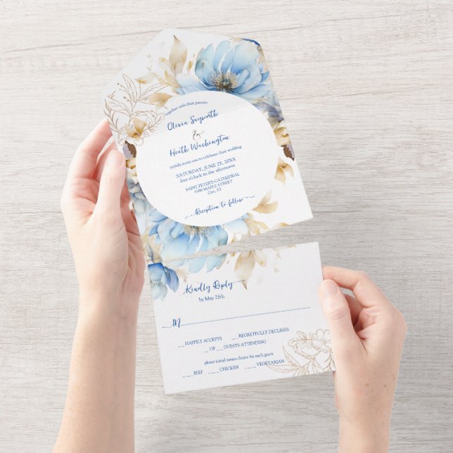 Dusty Blue Floral Dourado Casamento (Aba destacável)