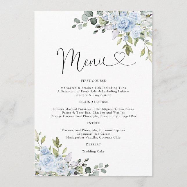 Dusty Blue Floral Eucalyptus Wedding Menu (Frente)