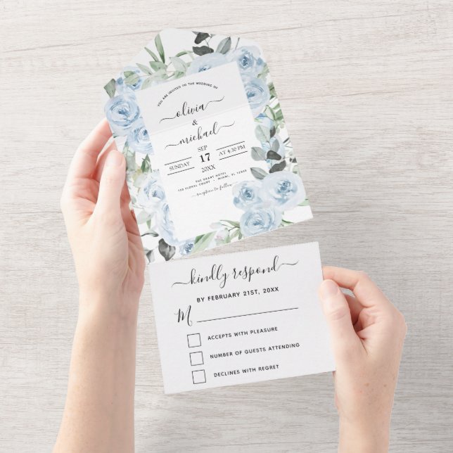 Dusty Blue Floral Greenery Casamento RSVP (Aba destacável)