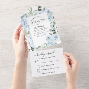 Dusty Blue Floral Greenery Casamento RSVP