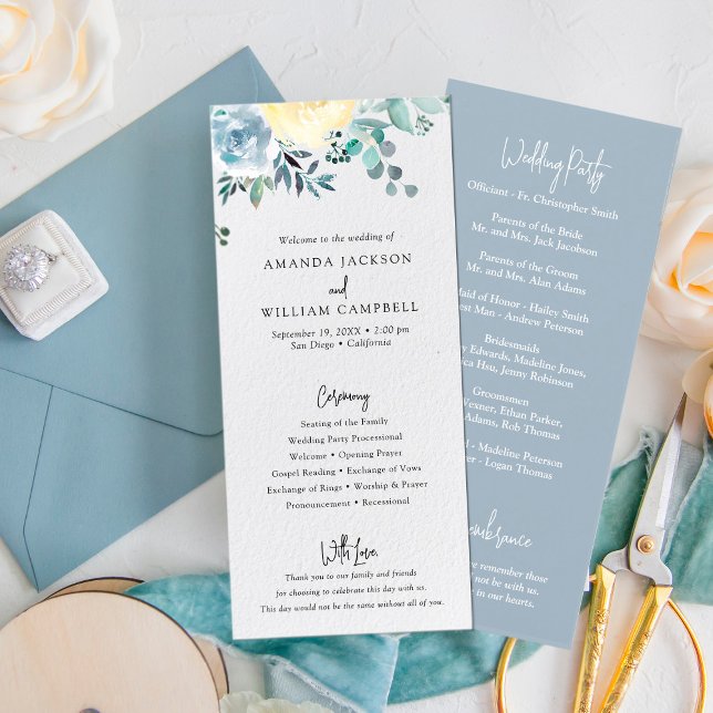 Dusty Blue Floral Greenery Wedding Program (Criador carregado)
