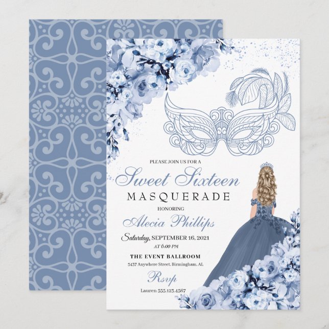 Dusty Blue Floral Mascarada Doce 16 Convite (Frente/Verso)