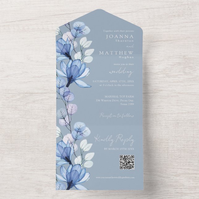 Dusty Blue Floral Monograma Código QR Casamento (Interno)