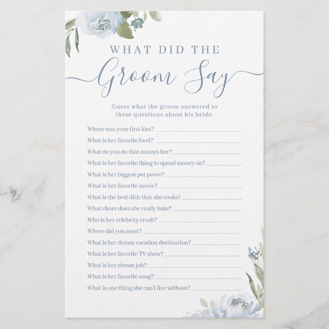 Dusty blue floral o que o noivo disse jogo (Frente)