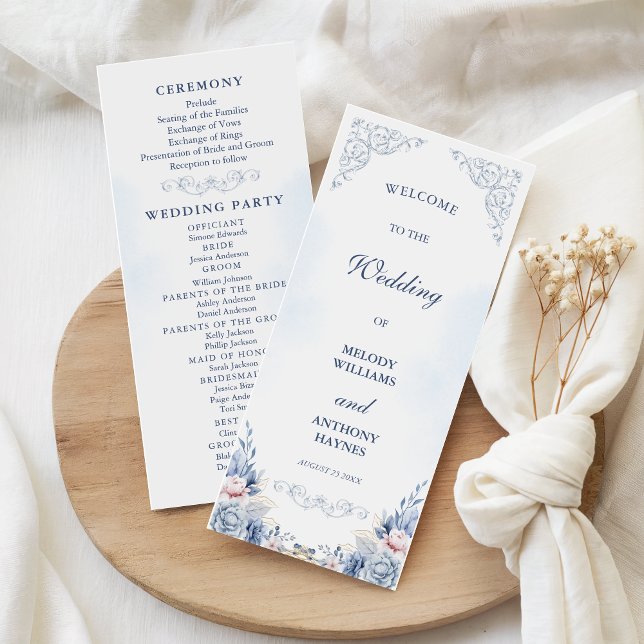 Dusty Blue Floral Wedding Program Fan (Criador carregado)