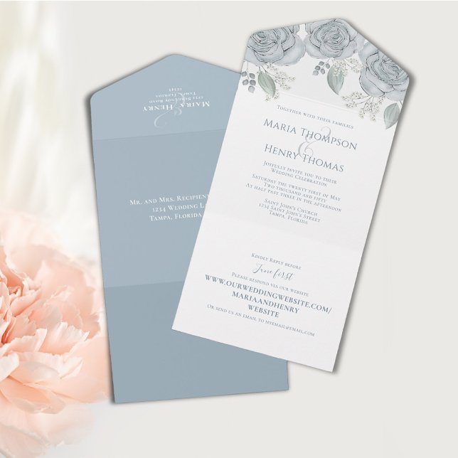Dusty Blue Floral Weding All in One (Watercolor blue floral all in one wedding invitation. )