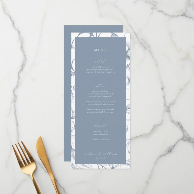 Dusty Blue Floral Weding Menu e Obrigado (Frente/Verso In Situ)