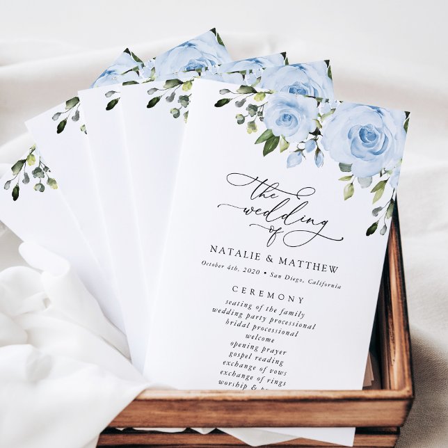 Dusty Blue Flowers, Greenery, programa de casament (Criador carregado)