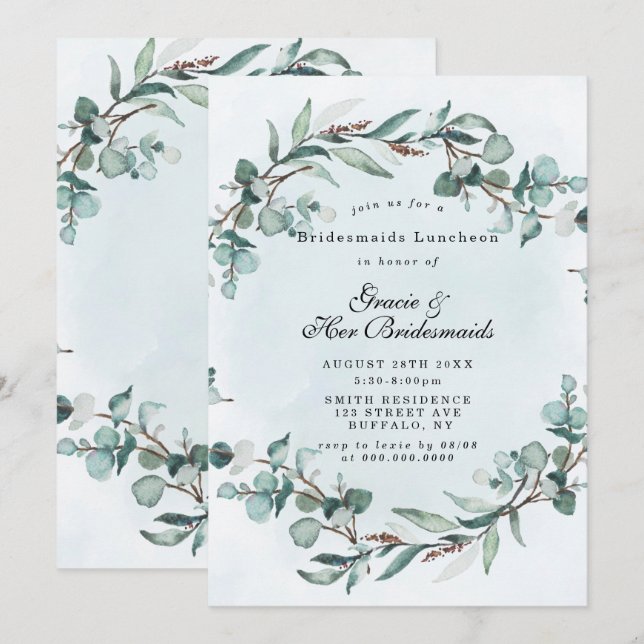 Dusty Blue Greenery Bridesmaids Convidados para o  (Frente/Verso)