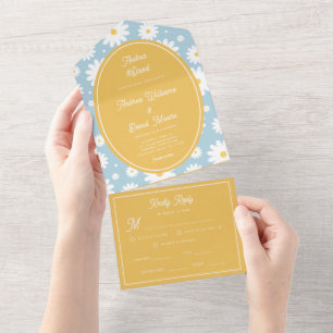Dusty Blue Groovy Daisy 70s Bright Yellow Wedding