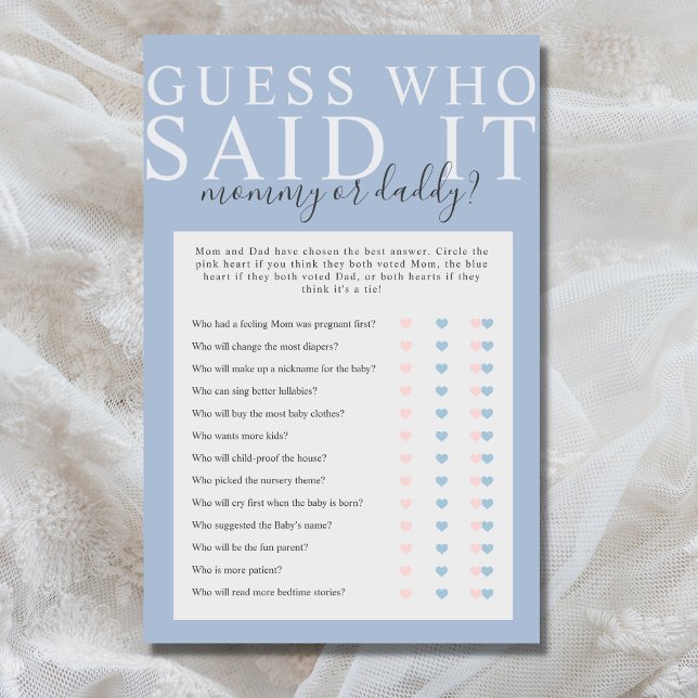 Dusty Blue Guess Que Disse O Jogo Do Chá de fralda (Minimalist, simple Guess Who Said It baby shower game in dusty blue)