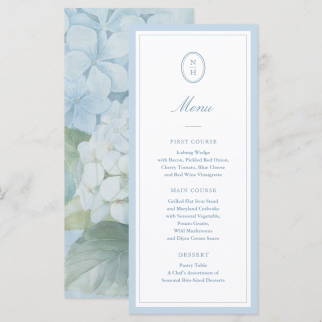Dusty Blue Hydrangea Monogram Wedding Flat Menu (Frente/Verso)