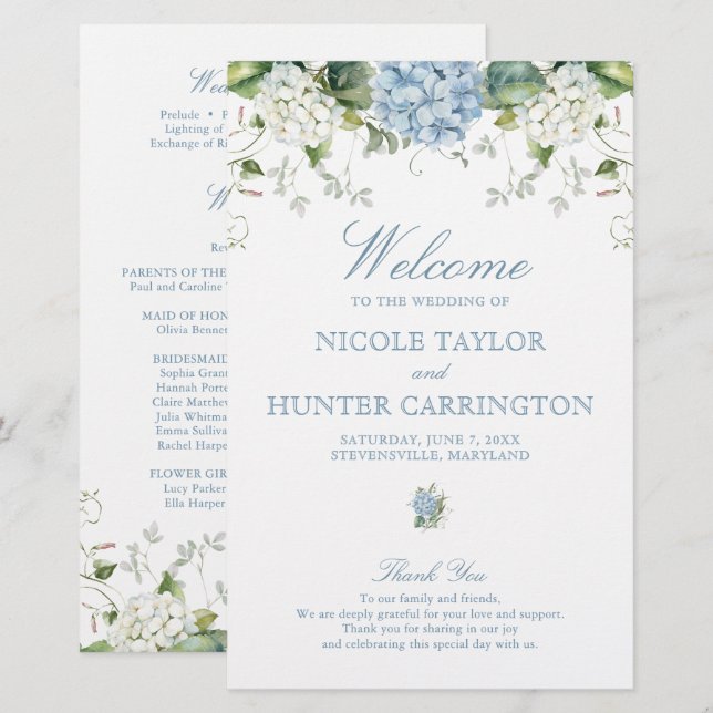 Dusty Blue Hydrangea Wedding Ceremony Program (Frente/Verso)