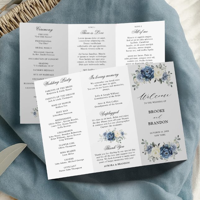 Dusty Blue Ivory Floral Triplo Programa de Casamen (Dusty Blue Ivory Floral Tri-fold Wedding Program card)