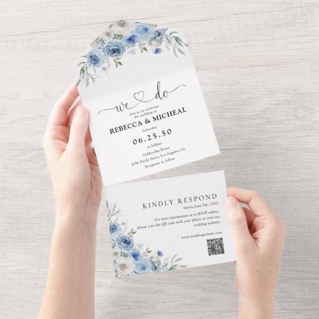 Dusty Blue Ivory Tudo em um Convite de casamento (Tearaway)