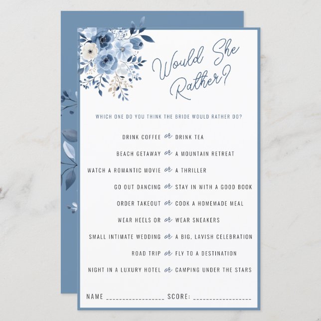 Dusty Blue Jogo para Chá de Noiva "Would She Rathe (Frente/Verso)