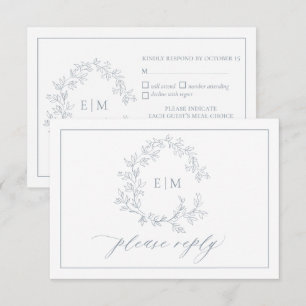 Dusty Blue Leafy Crest Monograma Cartão RSVP de C