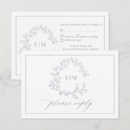Dusty Blue Leafy Crest Monograma Cartão RSVP de Ca