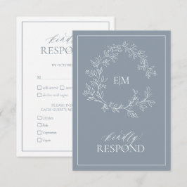 Dusty Blue Leafy Crest Monograma Cartão RSVP de Ca