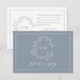 Dusty Blue Leafy Crest Monograma Cartão RSVP de Ca