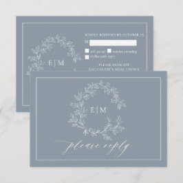Dusty Blue Leafy Crest Monograma Cartão RSVP de Ca