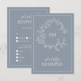 Dusty Blue Leafy Crest Monograma Cartão RSVP de Ca
