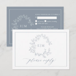 Dusty Blue Leafy Crest Monograma Cartão RSVP de Ca