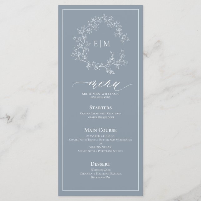Dusty Blue Leafy Crest Monograma Menu Casamento (Frente)