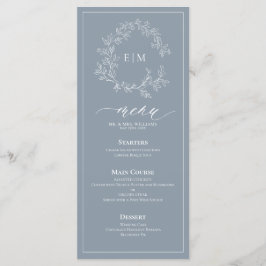 Dusty Blue Leafy Crest Monograma Menu Casamento