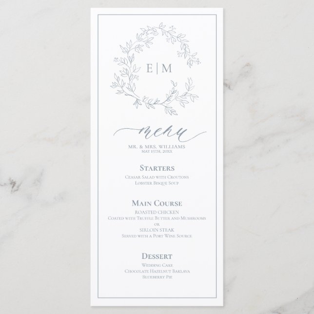 Dusty Blue Leafy Crest Monograma Menu Casamento (Frente)
