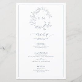 Dusty Blue Leafy Crest Monograma Menu Casamento