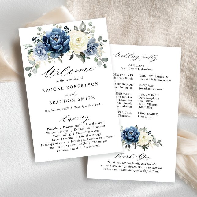 Dusty Blue Marinho Champagne Programa de Casamento (Dusty Blue Navy Champagne Ivory Wedding Program card)