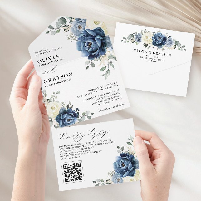 Dusty Blue Marinho Champanhe de marfim Casamento C (Dusty Blue Navy Champagne Ivory Wedding QR Code All In One Invitation)