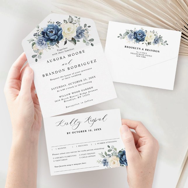 Dusty Blue Marinho Champanhe Ivory Floral Casament (Dusty Blue Navy Champagne Ivory Floral Wedding All In One Invitation)
