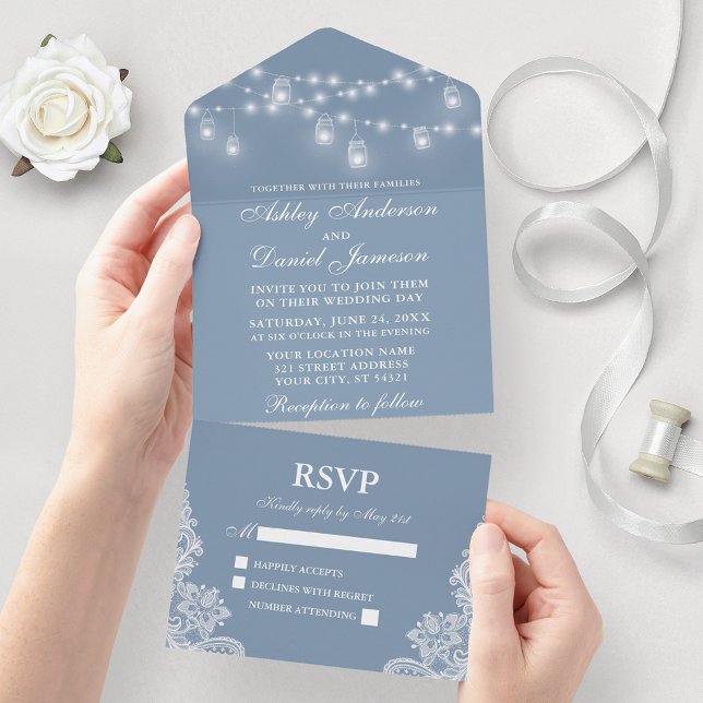 Dusty Blue Mason Jar String Luzes Lace Casamento (All In One Wedding Invitation with tear off RSVP Card)