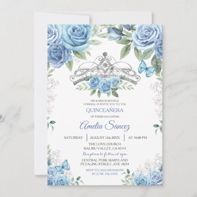 Dusty Blue Mexicana Rapariga Mis XV Anos Convite (Frente)