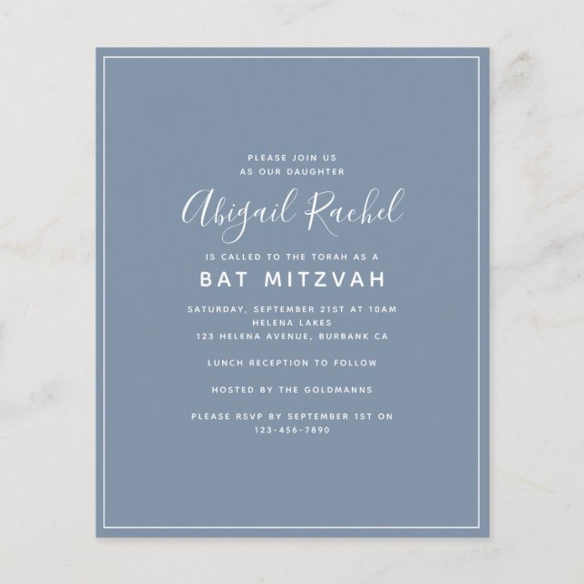 Dusty Blue Modern Budget Bat Mitzvah Convite (Frente)