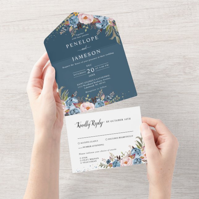 Dusty Blue Peach Blush Botanical Floral Casamento  (Aba destacável)