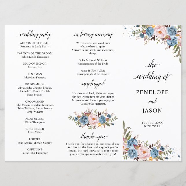 Dusty Blue Peach Blush Botanical Wedding programa (Frente)