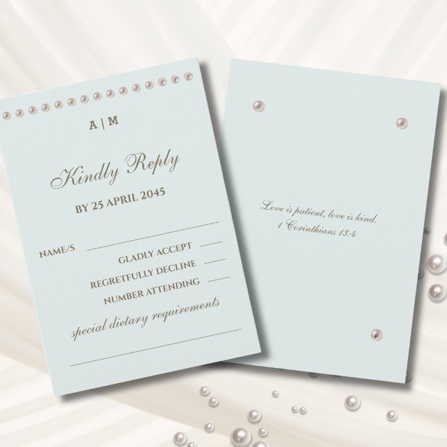 Dusty Blue Pearl Christian Wedding RSVP Card  (Criador carregado)