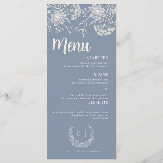 Dusty Blue Periwinkle Wildflower Wedding Menu (Frente)
