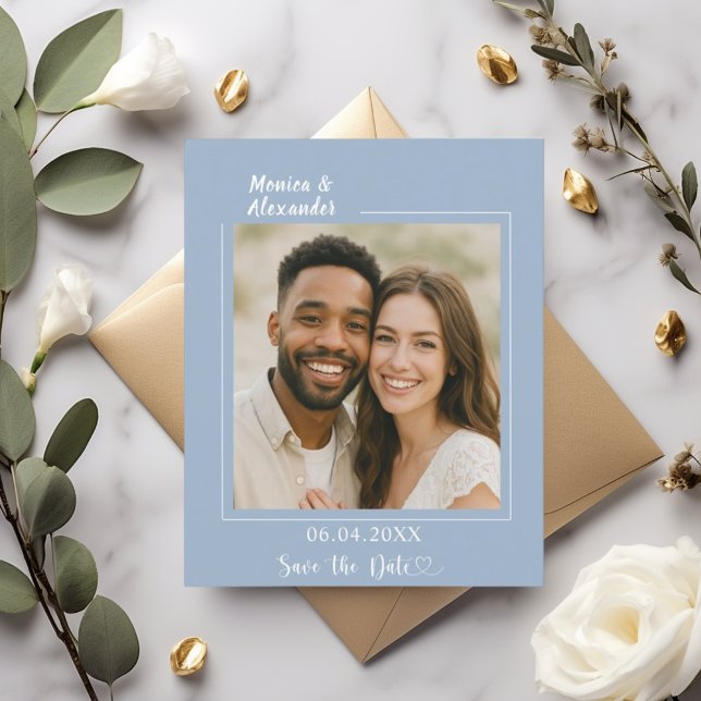 Dusty blue photo wedding Save the Date card (Criador carregado)