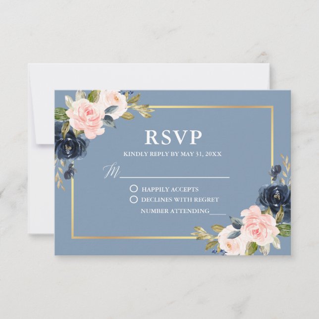 Dusty Blue Pink Frame Dourado Floral RSVP (Frente)