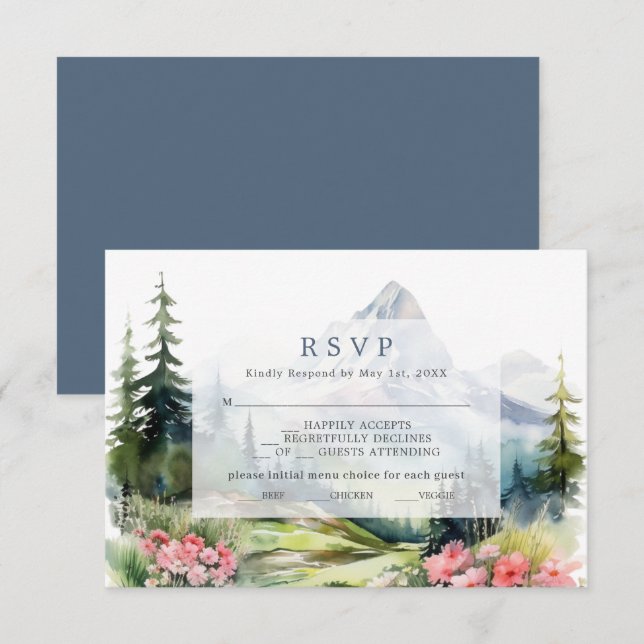 Dusty Blue Primavera Mountain Weding RSVP Card (Frente/Verso)